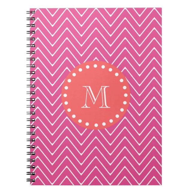 Hot Pink Chevron Pattern | Coral Monogram Notebook (Front)