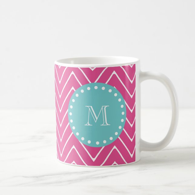 Hot Pink Chevron Pattern | Teal Monogram Coffee Mug (Right)