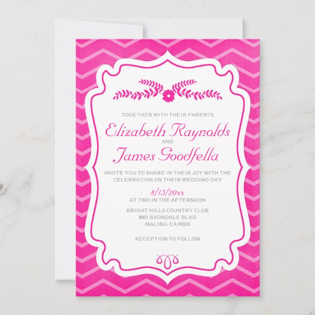 Hot Pink Chevron Stripes Wedding Invitations (Front)