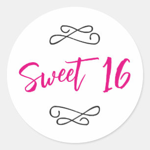 Hot Pink Chic Doodle Modern Script Sweet 16 Classic Round Sticker