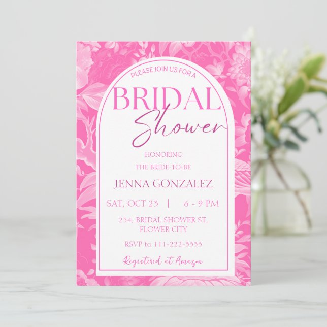 Hot Pink Chinoiserie Floral Peony Bridal Shower Invitation (Standing Front)