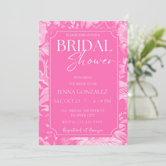 Hot Pink Chinoiserie Floral Peony Bridal Shower Invitation (Standing Front)