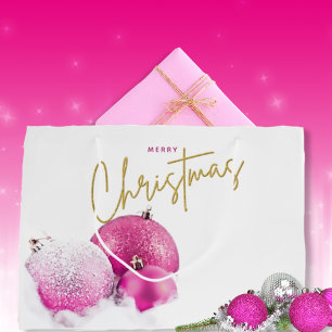 Hot Pink Christmas Baubles and Orchids Large Gift Bag