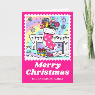 Hot Pink Christmas Stocking Postage Stamp Holiday Card