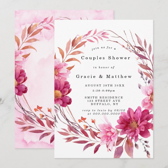 Hot Pink Chrysanthemum Couples Shower Invitations (Front/Back)