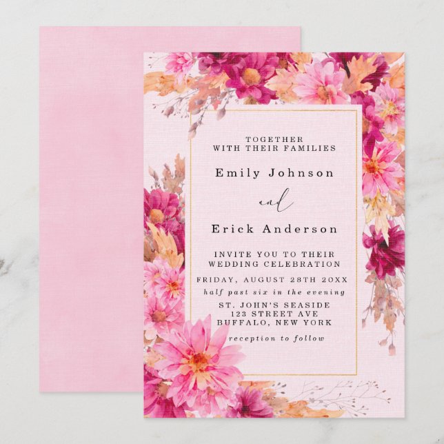 Hot Pink Chrysanthemum Floral Wedding Invitation (Front/Back)