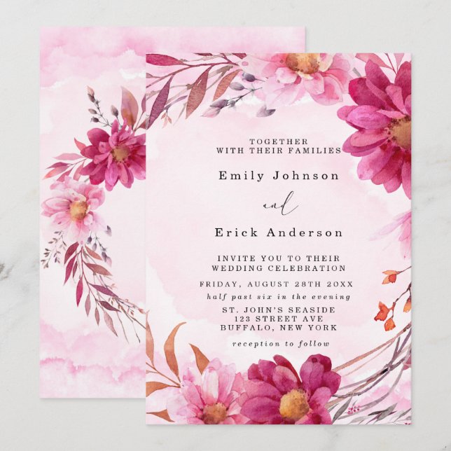 Hot Pink Chrysanthemum Floral Wedding Invitation (Front/Back)