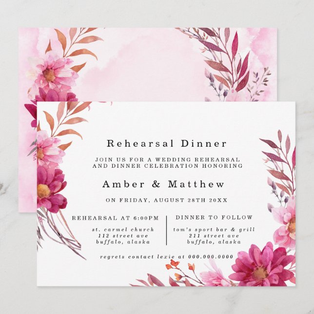 Hot Pink Chrysanthemum Rehearsal Dinner Invitation (Front/Back)