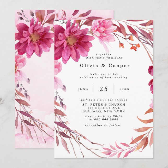 Hot Pink Chrysanthemum Wreath Wedding Invitation (Front/Back)