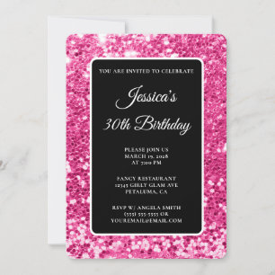 Hot Pink Chunky Glitter Black White 30th Birthday Invitation