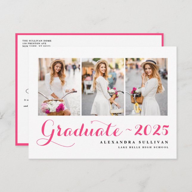 Hot Pink Class of 2025 Photo Collage Graduation   Announcement Postcard (Front/Back)