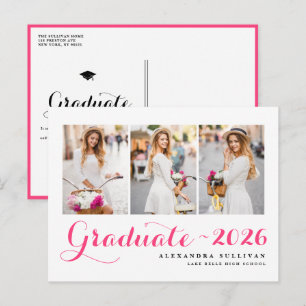Hot Pink Class of 2025 Photo Collage Graduation Invitation Postcard