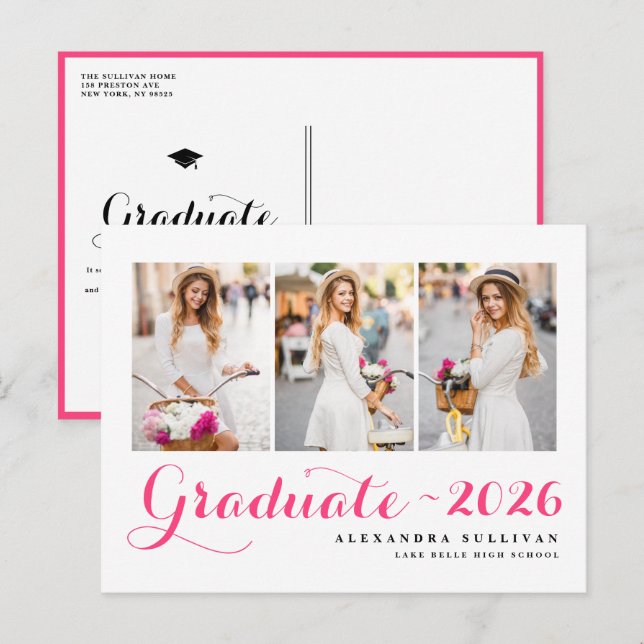 Hot Pink Class of 2025 Photo Collage Graduation Invitation Postcard (Front/Back)