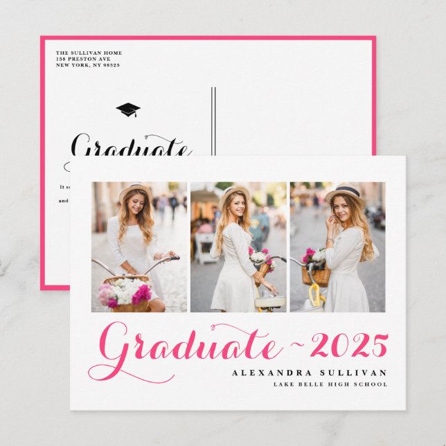 Hot Pink Class of 2025 Photo Collage Graduation Invitation Postcard (Front/Back)