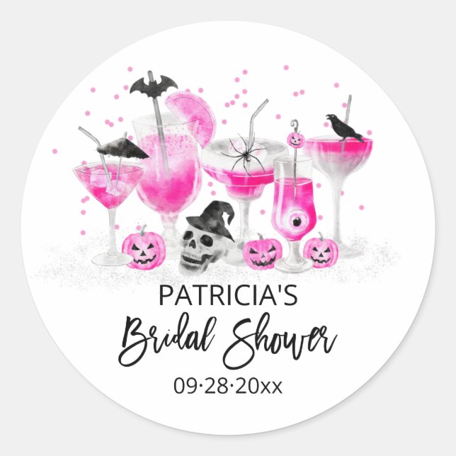 Hot Pink Cocktails Halloween Bridal Shower Classic Round Sticker (Front)