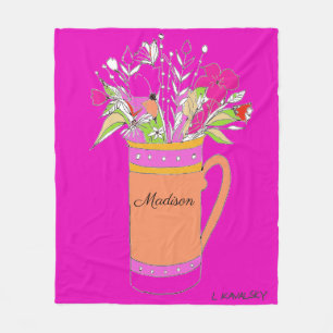 Hot Pink Colorful Flowers In Mug womens Fleece Blanket