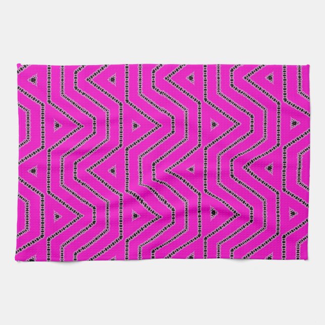 Hot Pink Colour Black Graphic Art Designer Pattern Tea Towel (Horizontal)