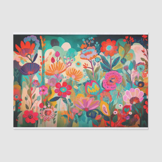 Hot Pink Colour Flower Abstract Painting Decoupage Tissue Paper (Front)