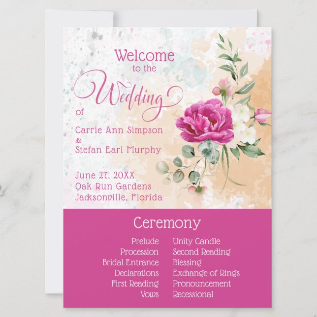 Hot Pink Colour Splash Wedding Program Invitation (Front)