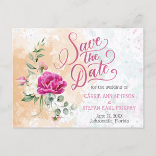 Hot Pink Colour Splash Wedding Save the Date Postcard