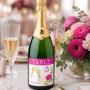 Hot Pink Colour Splash Wedding Table Number Sparkling Wine Label