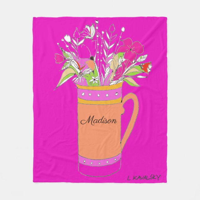 Hot Pink Colourful Flowers In Mug womens Fleece Blanket (Front)