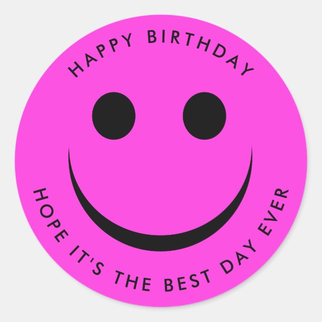 Hot Pink Colourful Happy Face Birthday Classic Round Sticker (Front)