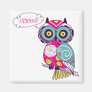 Hot Pink Colourful Ornate Retro Floral Owl Magnet