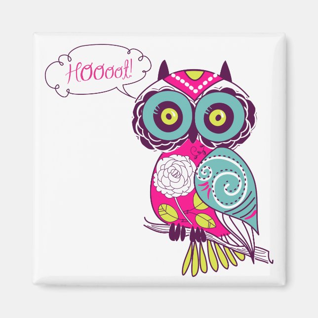 Hot Pink Colourful Ornate Retro Floral Owl Magnet (Front)