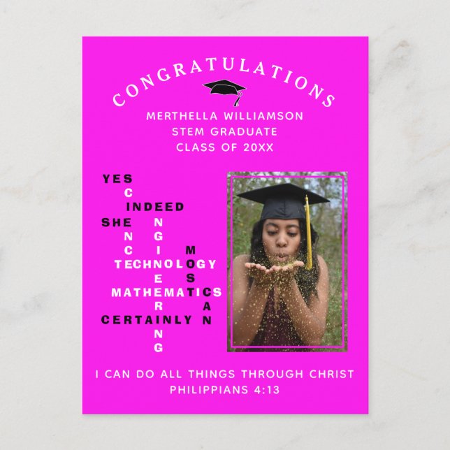 Hot Pink Congrats Women in STEM Grad Announcement Postcard (Front)