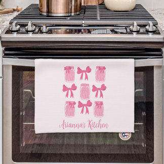 Hot Pink Coquette Pickle Jar and Bow Personalised Tea Towel