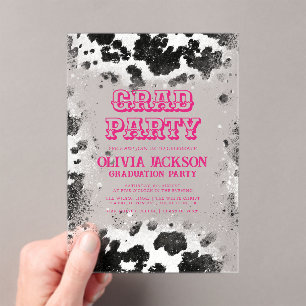 Hot Pink Cow Print Western Graduation Acrylic Invitations