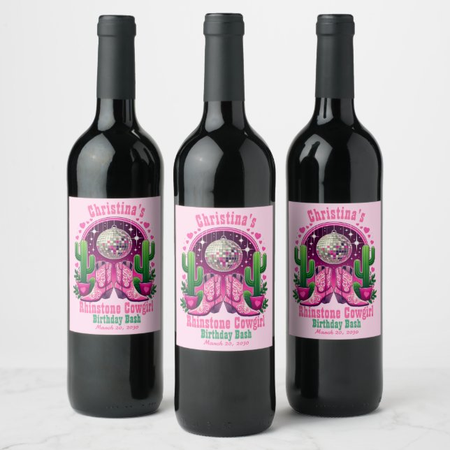 Hot Pink Cowgirl Boots & Disco Ball Bachelorette Wine Label (Bottles)