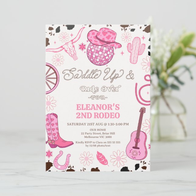 Hot Pink Cowgirl Disco Ball 2nd Rodeo Birthday Invitation (Standing Front)