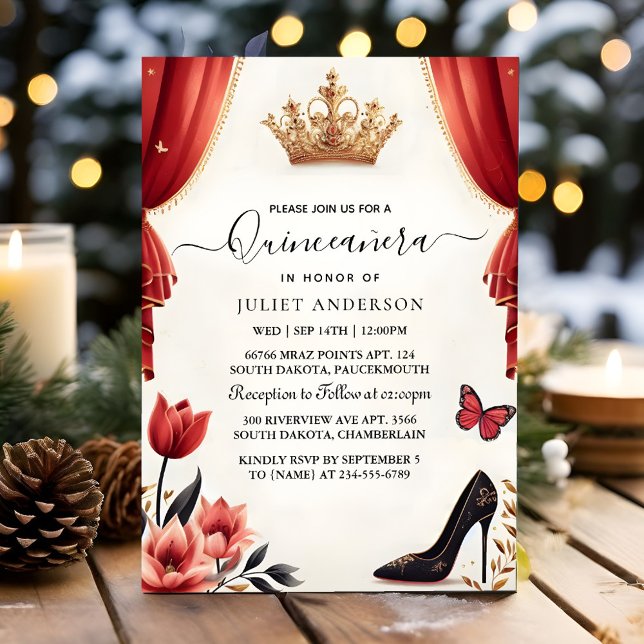 Hot Pink Crown Tiara Black Lace Red Quinceanera Invitation (Creator Uploaded)