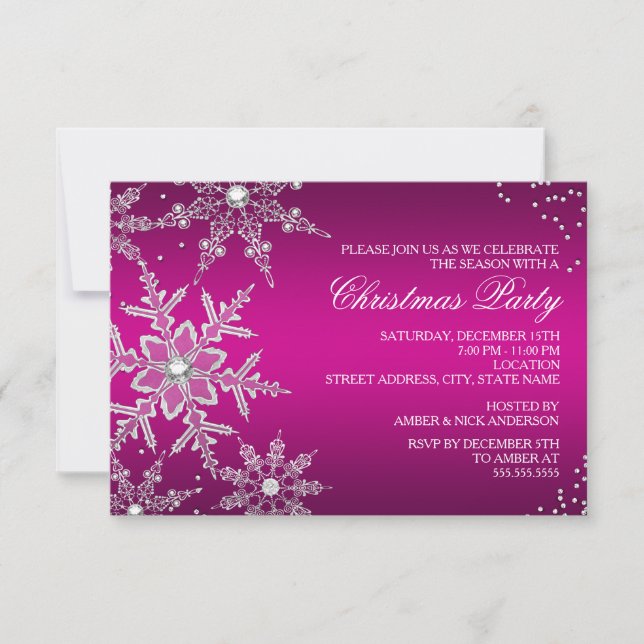 Hot Pink Crystal Snowflake Christmas Dinner Party RSVP Card (Front)