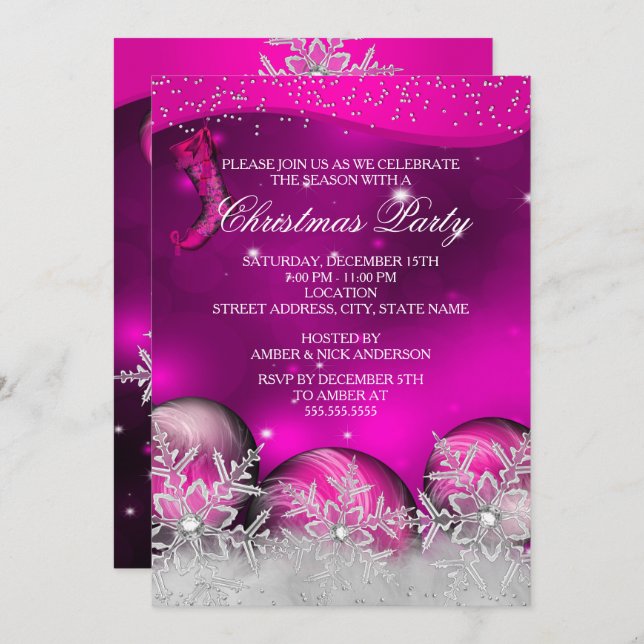 Hot Pink Crystal Snowflake Christmas Party Invitation (Front/Back)