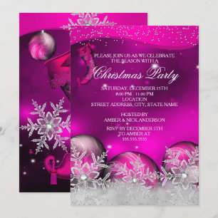 Hot Pink Crystal Snowflake Christmas Party Invitation