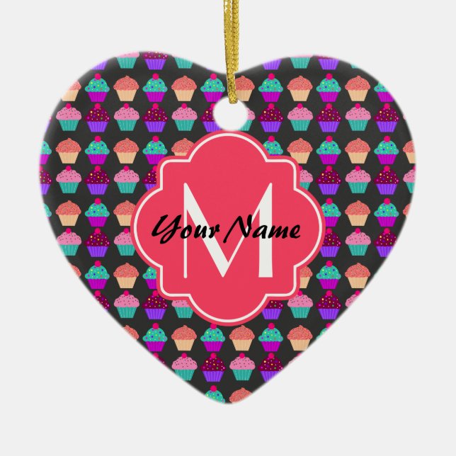 Hot Pink Cupcakes Personalized Name,Monogram Ceramic Tree Decoration (Front)