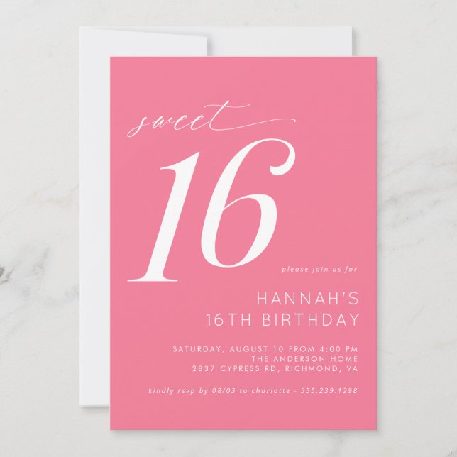 Hot Pink | Cute Bright Cerise Sweet 16 Birthday Invitation (Front)