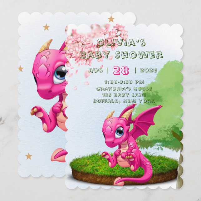 Hot Pink Cute Dragon Girl Baby Shower Invitation (Front/Back)