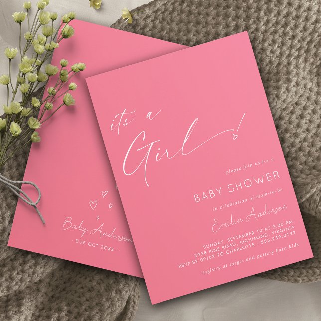 Hot Pink | Cute Heart It's a Girl Baby Shower Invitation (Creator Uploaded)