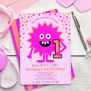 Hot Pink Cute Little Monster 1st Birthday Custom Invitation