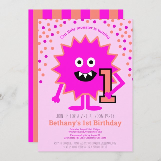 Hot Pink Cute Little Monster Virtual 1st Birthday Invitation (Front/Back)