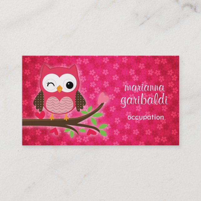 Hot Pink Cute Owl Girly Business Card (Front)