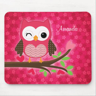Hot Pink Cute Owl Girly Mouse Mat