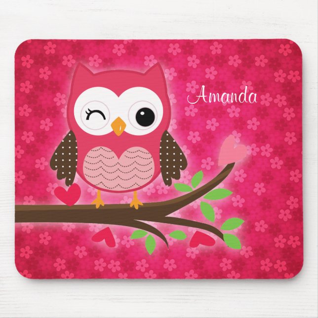 Hot Pink Cute Owl Girly Mouse Mat (Front)