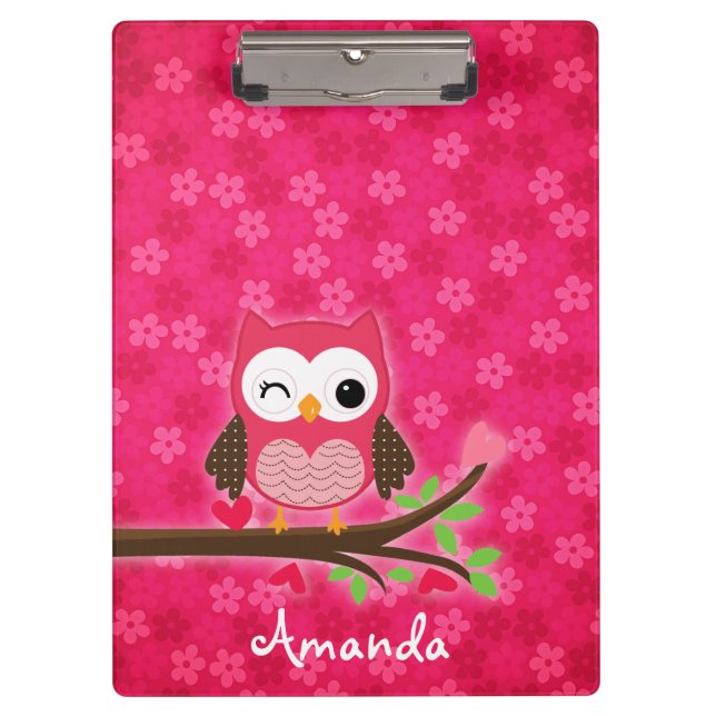 Hot Pink Cute Owl Girly Personalised Clipboard (Front)