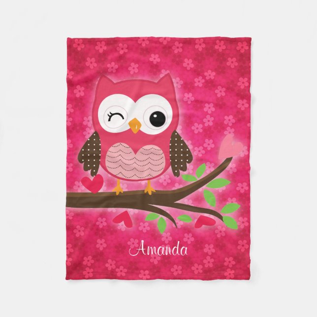 Hot Pink Cute Owl Girly Personalised Fleece Blanket (Front)
