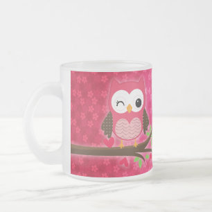 Hot Pink Cute Owl Girly Personalised Frosted Glass Coffee Mug